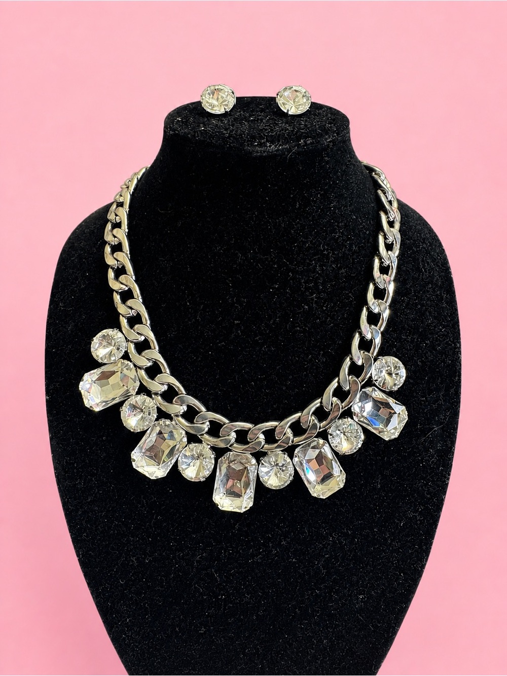 Crystal Statement Necklace and Stud Earrings - Silver Tone